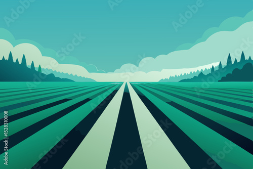 Vector illustration of a green field with rows of crops
