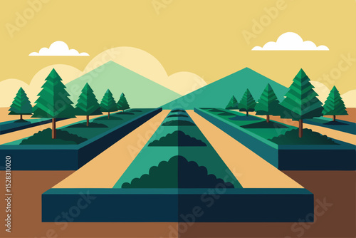 Vector illustration of a terraced landscape with trees and mountains