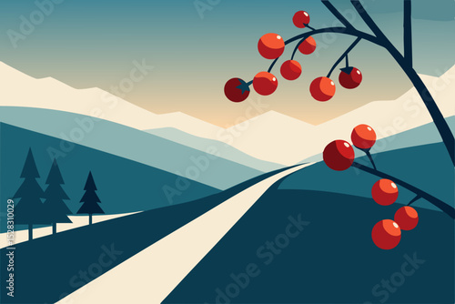 Vector illustration of road landscape with mountain and tree