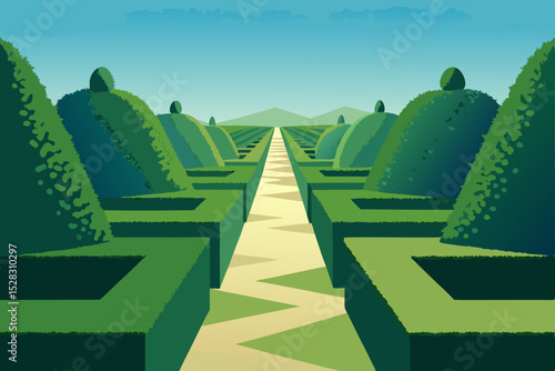 Vector illustration of a garden maze with green hedges and pathway
