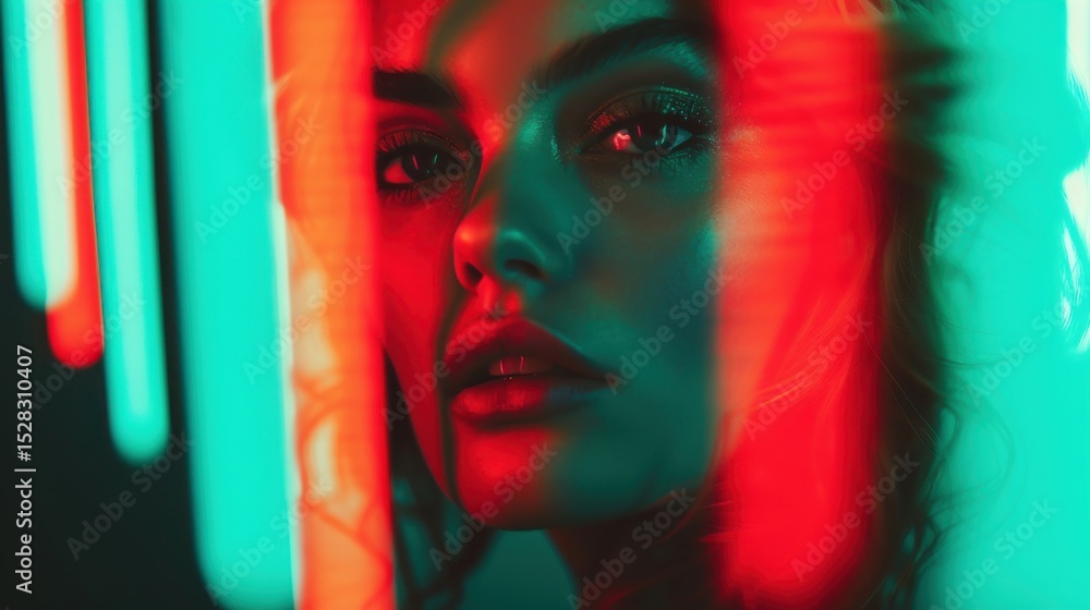 Obraz premium An engaging portrait of a woman illuminated by vibrant neon lights, blending colors that evoke creativity and modern artistry, ideal for fashion and artistic representations.