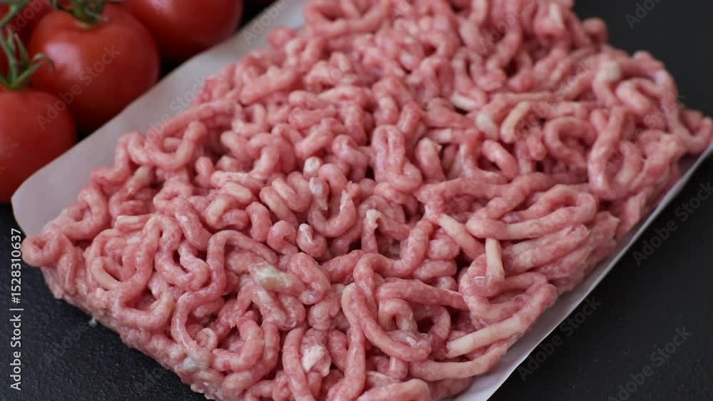 Raw ground beef or pork as an ingredient for burgers. Raw minced meat for cooking at home Raw ground beef or pork as an ingredient for burgers. Raw minced meat for cooking at home