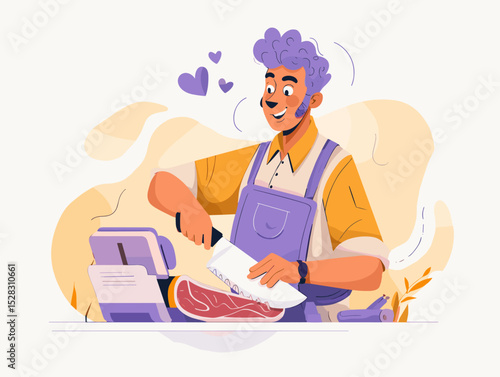 Crafting with Care: A skilled butcher skillfully slices through meat, surrounded by symbols of affection, highlighting a moment of craft, care, and dedication to his work. 