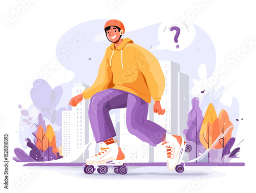  Rollerblading Adventure: A cheerful individual rolls on rollerblades, navigating a scenic urban landscape with a cheerful expression, embodying freedom. 