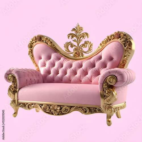 Pink Tufted Sofa With Ornate Gold Floral Accents Along The Top And Sides, Set Against.eps