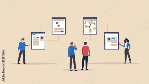 People interacting with data visualizations and profiles on screens in a connected network view