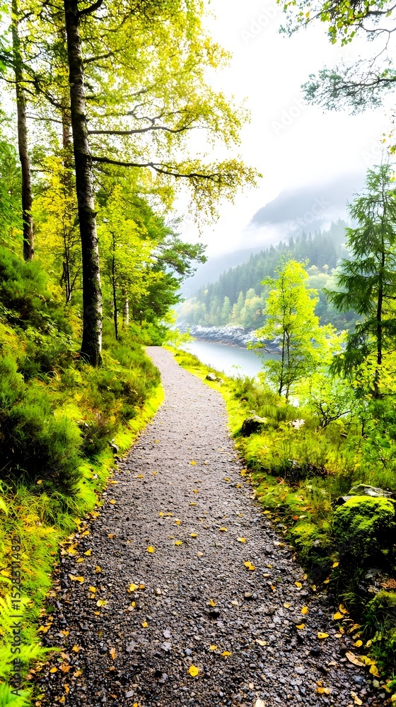 Obraz premium A gravel path winds through a lush, autumnal forest alongside a misty lake, leading towards a distant, fog-shrouded mountain range. The scene evokes serenity and a sense of peaceful exploration