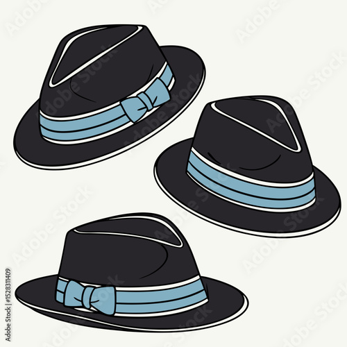 Fedora Hats with Blue Bands – Vector Set	