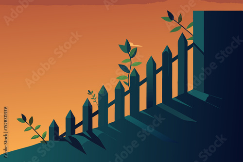 Vector illustration of a dark green picket fence with plants growing through it on an orange background