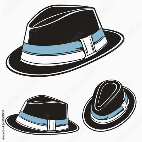 Fedora Hats with Blue Bands – Vector Set	