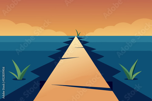 Vector illustration of a road in the water with grass
