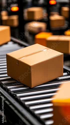 A single cardboard box travels on a conveyor belt, surrounded by a blurred background of more packages in a warehouse or distribution center, suggesting e-commerce logistics and fast shipping
