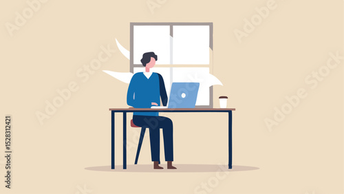 Illustration of a person working at a desk with a laptop in front of a window in a minimalist style