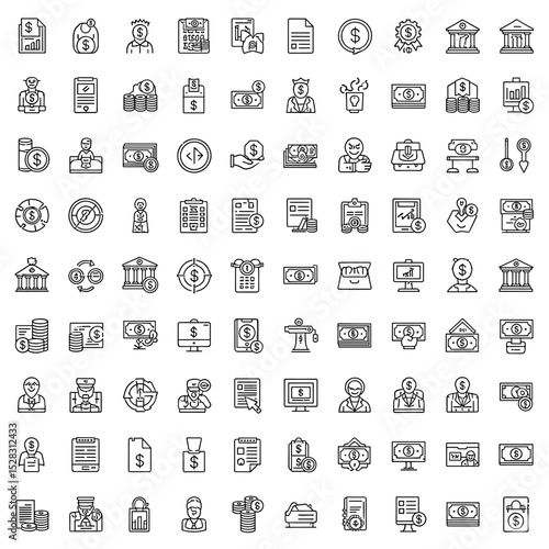 Financial Icons Collage: A comprehensive collection of detailed financial icons, perfect for illustrating various aspects of finance, money management, and banking in a sleek, modern design.