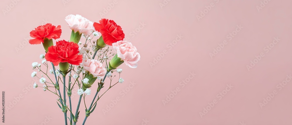 Obraz premium A beautiful arrangement of red and pink carnations delicately placed against a soft pink background, perfect for celebrating love, beauty, and nature in any setting.