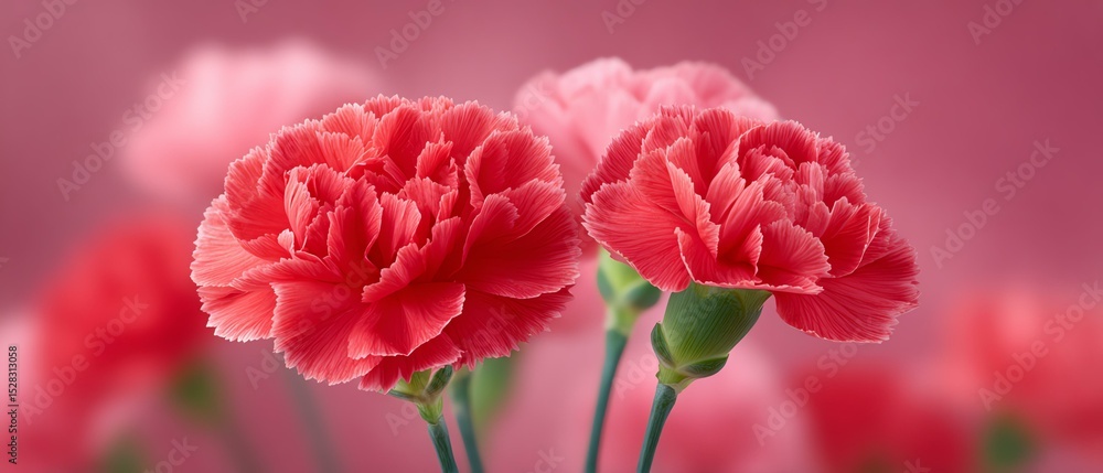 Fototapeta premium A beautiful arrangement of vibrant red and pink carnations, showcasing their delicate petals and lush green stems. Perfect for adding a touch of color and elegance to any space.