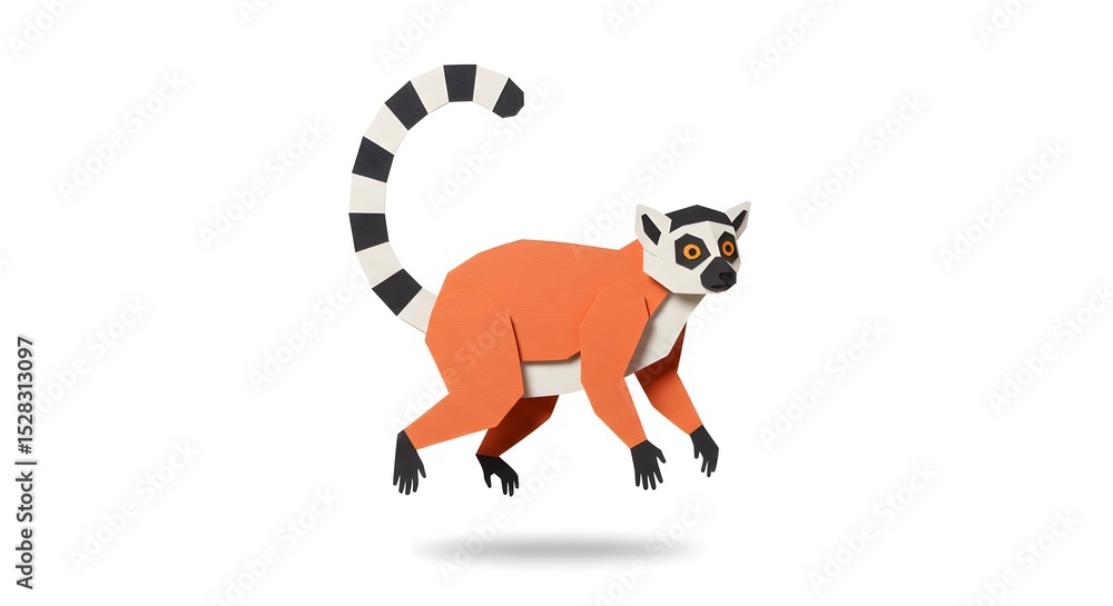 Fototapeta premium Vibrant Papercraft Ring-tailed Lemur in Mid-Air: A Delightful Origami Animal Creation