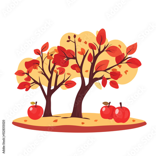 2D flat vector illustration of Apple Orchard In Fall, isolated on a white background.