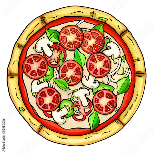 Pizza Delight: Overhead shot of a mouthwatering pizza, freshly baked and garnished with vibrant tomatoes, mushrooms, and fragrant basil leaves, offering a tantalizing feast for the eyes.