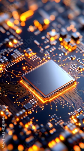 Close-up of a central processing unit (CPU) on a circuit board, illuminated with warm orange lights, showcasing intricate circuitry and technological detail