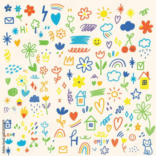 hand drawn doodle like star cloud rainbow cat dog flower car enevlop home crown cherry sun rain with clouds thunder Hi enjoy water