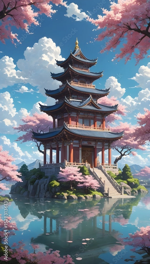 Obraz premium Traditional Pagoda Amid Blossoming Cherry Trees and Reflective Tranquil Waters