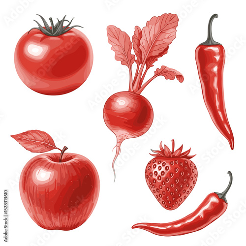 Vibrant Red Delights: An appetizing selection of fresh, ruby-hued produce artfully arranged, celebrating the natural beauty and deliciousness of nature's bounty.