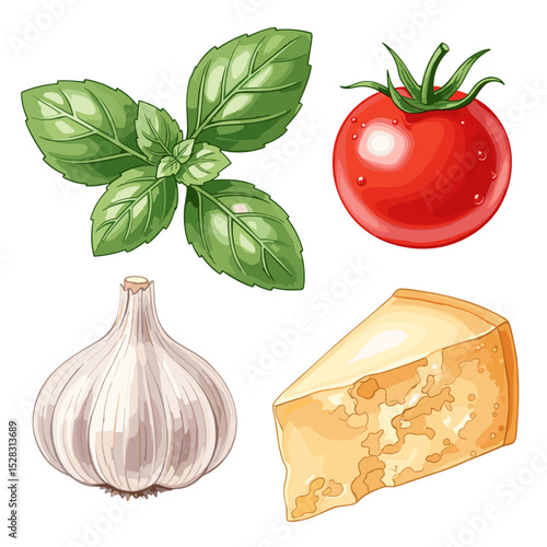Culinary Quartet: A mouthwatering illustration features fresh tomato, basil leaves, a bulb of garlic, and a flavorful cheese wedge, representing a delicious culinary experience.
