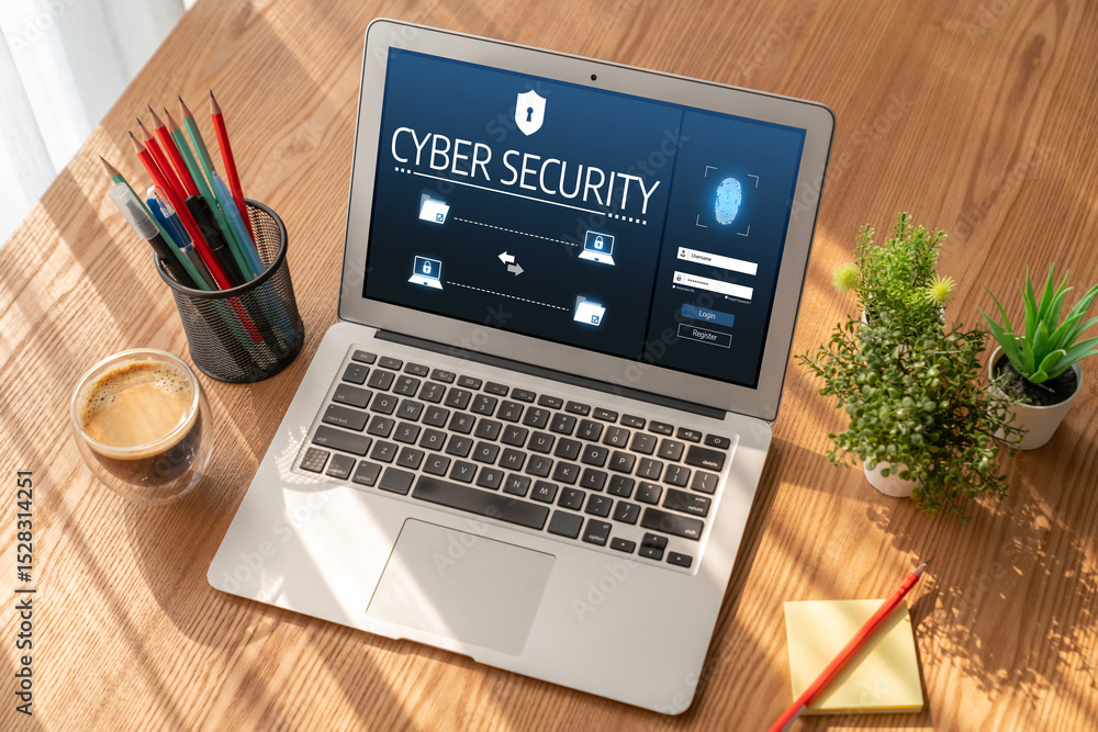 Fototapeta premium Cyber security system on computer screen protect private information snugly from hacker and cyber attack