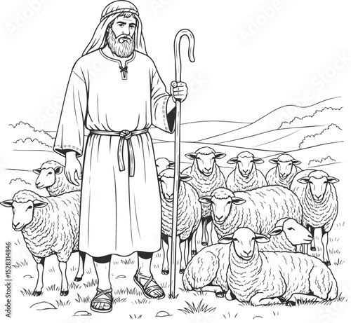 A shepherd with a staff behind whom sheep are grazing against a background of fields and hills, black line.