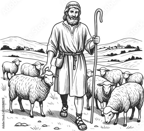 Black line style illustration of a shepherd with his flock of sheep, shepherd with sheep on a village background..