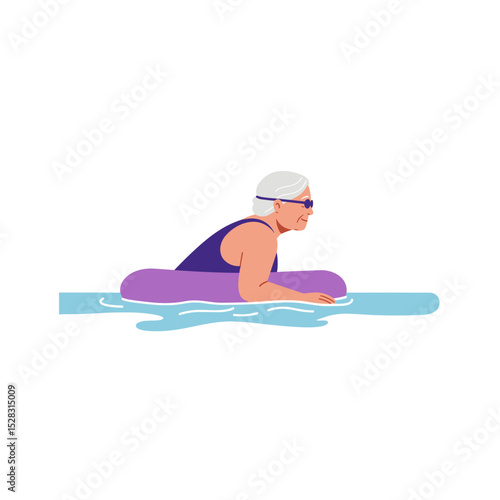 Elderly woman swimming outdoors with a float in the water  
