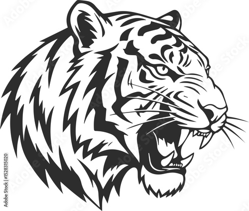 Silhouette of an angry tiger in black, logo of a tiger head roaring and looking to the right, icon of a tiger in black.