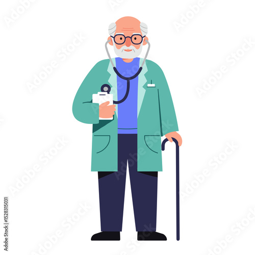 Elderly man with stethoscope holding clipboard and cane in lab coat  