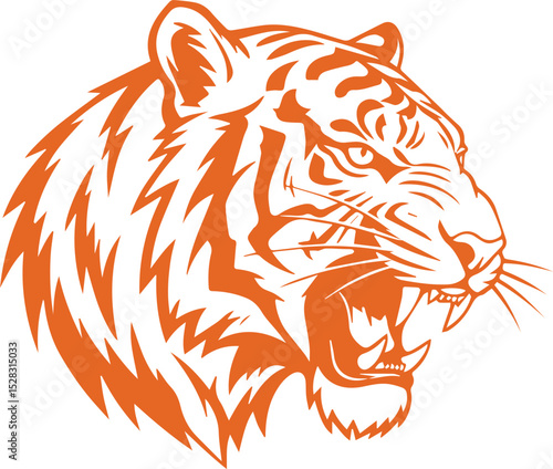 Silhouette of an angry tiger in orange color, logo of a tiger head roaring and looking to the right, tiger icon.