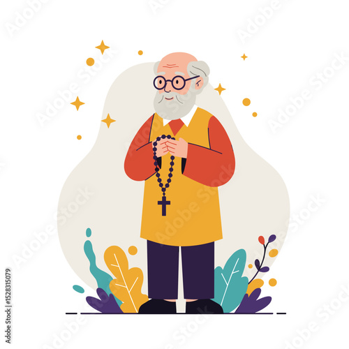 Elderly man holding rosary while standing among colorful plants  