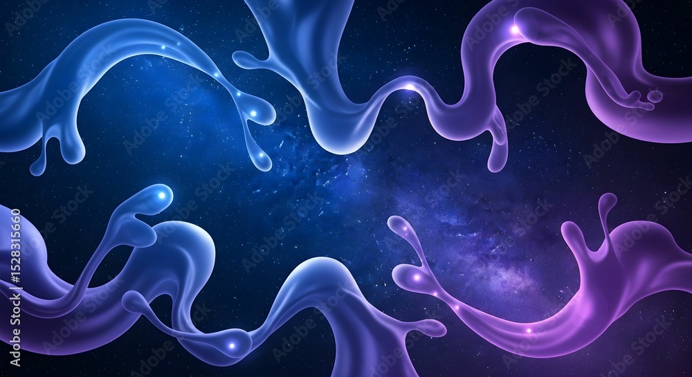 Obraz premium Abstract background featuring blue and purple flowing liquid shapes, glowing elements, and a dark starry sky inspiration. 