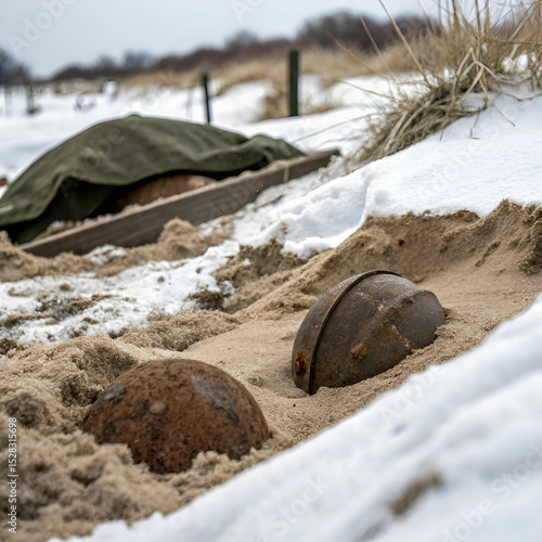 An object rests on dry sand, partially buried or exposed, its texture contrasting with the gritty surface, evoking stillness, heat, and discovery.