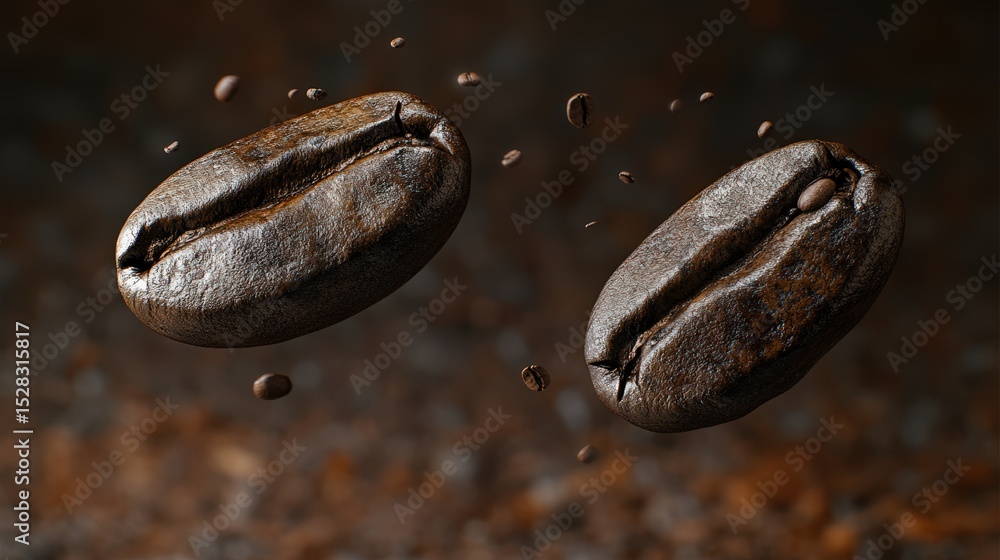 Close-up of floating coffee beans against a blurred background Close-up of floating coffee beans against a blurred background