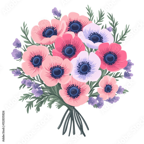 Anemone Bouquet 2D flat vector illustration, isolated on a white background.