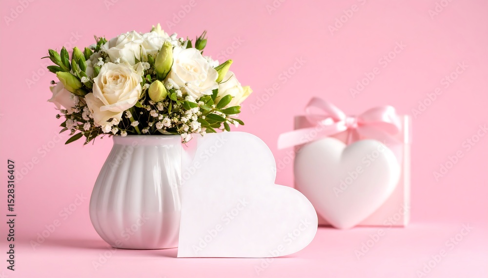 White roses with hearts, gift, and pink background. White roses with hearts, gift, and pink background.
