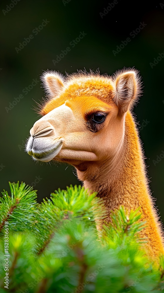 Fototapeta premium Close-up portrait of a young, light-brown Bactrian camel peeking from behind vibrant green evergreen branches against a dark background. Its soft fur and expressive eyes are highlighted