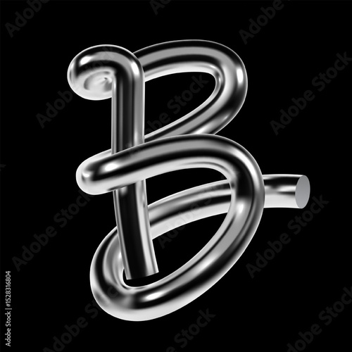Glossy 3D chrome letter B with twisted metallic shape in Y2K style. Futuristic vector character with reflective surface and techno aesthetic