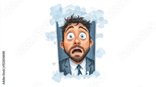 A shocked businessman with wide eyes and messy hair, expressing surprise and confusion in a humorous caricature style.