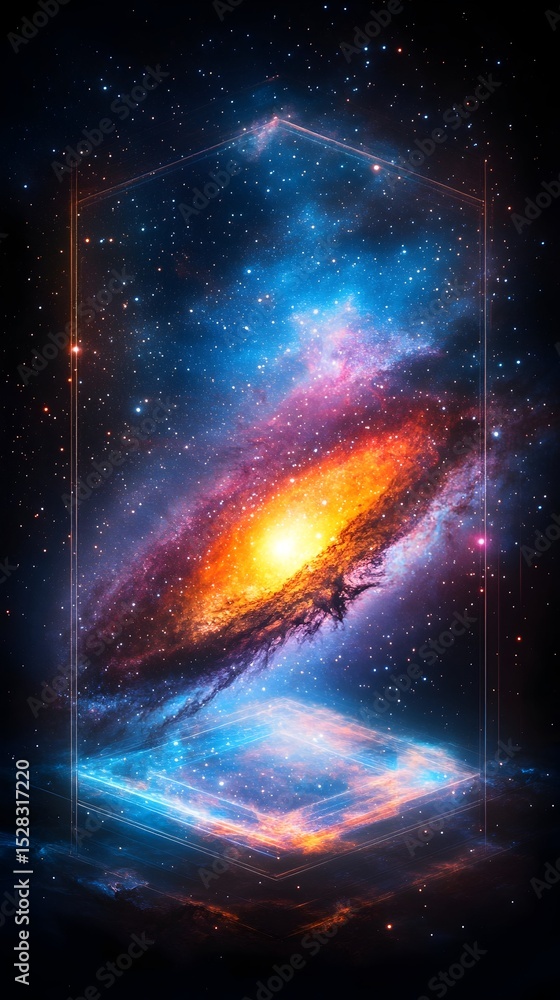 Fototapeta premium A vibrant, swirling nebula, rendered in intense blues, oranges, and yellows, is contained within a transparent, geometric prism against a backdrop of deep space speckled with stars. The nebula's cor