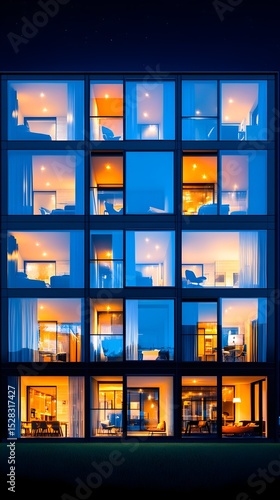 Night view of a modern apartment building, its numerous windows glowing with warm interior lights against a dark blue night sky, showcasing various room arrangements and activities within