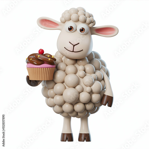 Cute Cartoon Sheep Holding Chocolate Cupcake 3 D Render