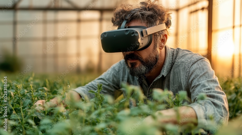 Fototapeta premium A man wearing VR goggles carefully interacts with plants in a greenhouse, reflecting the fusion of technology and nature, showcasing innovation, care, and ecological awareness in a modern setting.