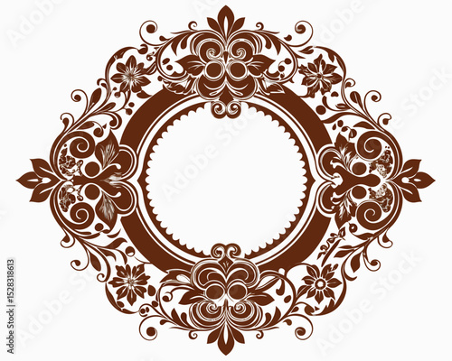 frame, vintage, ornate, floral, brown, design, element, decoration, decorative, border, circle, round, flourish, leaves, swirls, elegant, retro, classic, invitation, wedding, greeting card, label, emb