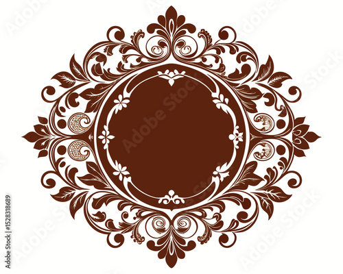 frame, vintage, ornate, floral, brown, design, element, decoration, decorative, border, circle, round, flourish, leaves, swirls, elegant, retro, classic, invitation, wedding, greeting card, label, emb